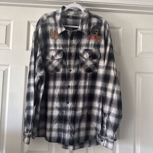 Plaid Flannel Shirt 3XL Embroidered Skull Rose Black White  Long Sleeve Nova Men